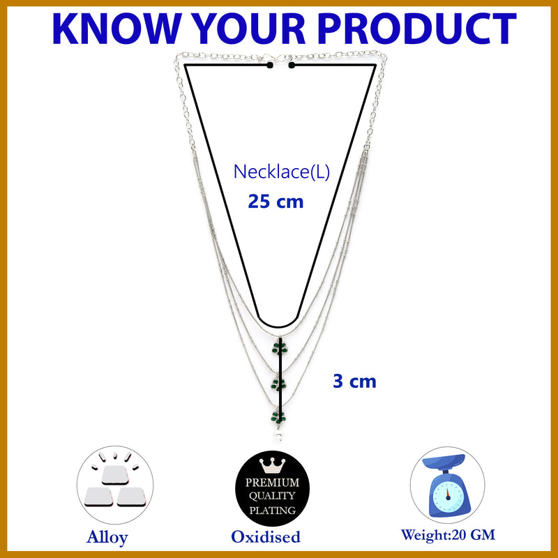 Oxidized Pearl & Green Stone Studded 3 Layered Necklace