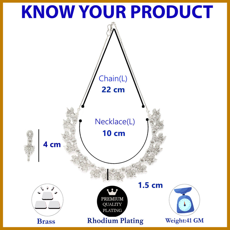 Rhodium Plated Silver Toned with Delicate Floral & White American Diamond Stone Studded Jewellery Set