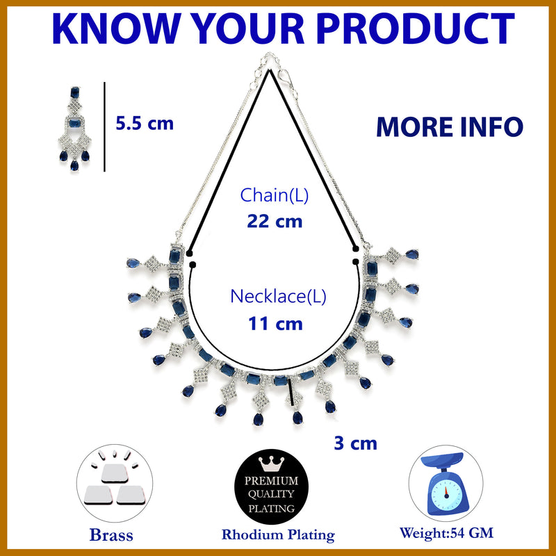 Rhodium Plated Silver Toned with Blue American Diamond Studded Jewellery Set