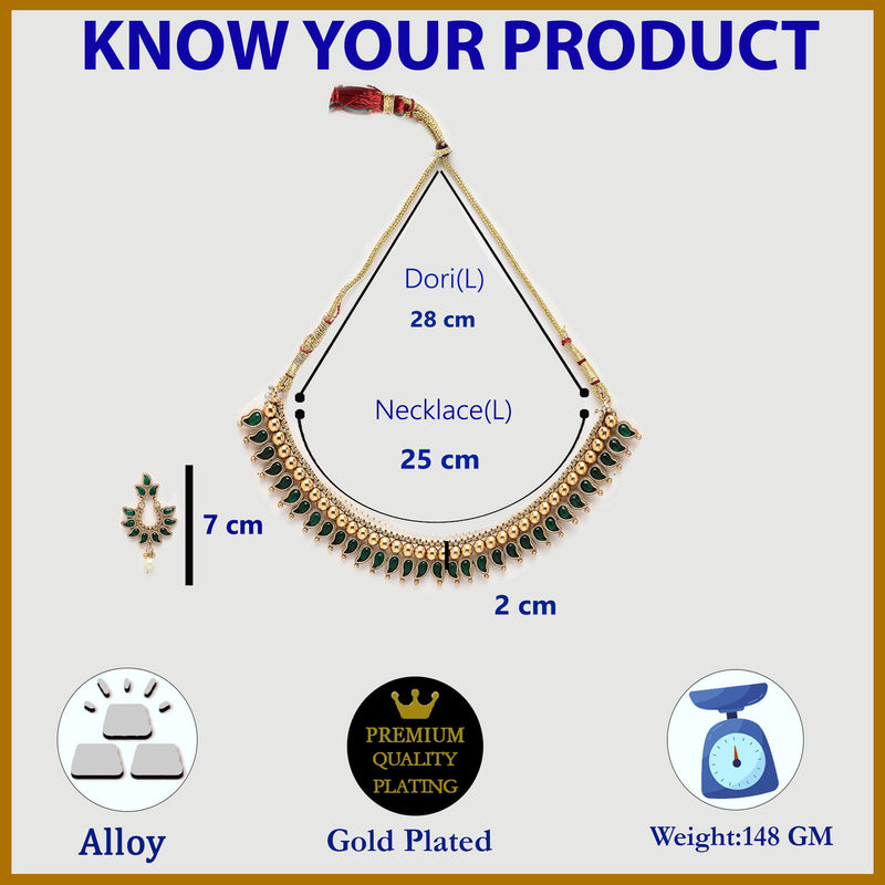 Gold Plated with Priyaasi Floral Kemp Design & Green Stone Studded Necklace Set