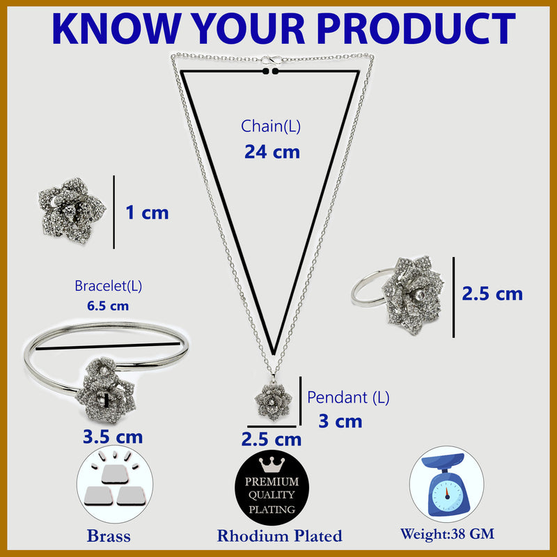 Rhodium Plated with White American Diamonds Studded Floral Shaped Pendent Combo Set