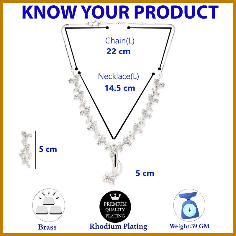 Rhodium Plated & Floral Vine Cascade with White American Diamond  Stone Studded Jewellery set