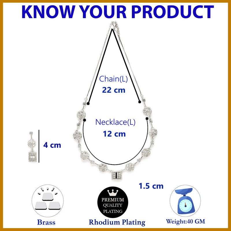 Rhodium Plated Silver Toned Blossom and Square Design White American Diamond Stone Studded Jewellery Set