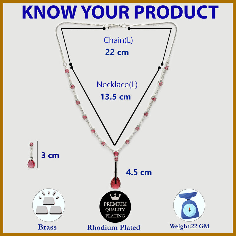 Rhodium Plated Silver Toned Teardrop Style Red American Diamond Studded Jewellery Set