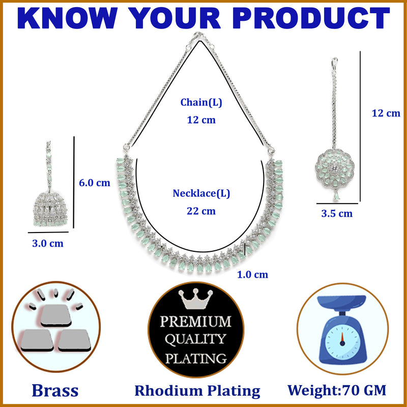 Rhodium-Plated with Silver-Tone Sea Green American Diamond Stone-studded Jewellery Set with Mang Tika Combo