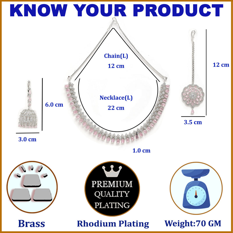 Rhodium-Plated with Silver-Tone & Pink American Diamond-Studded Jewellery Set Combo