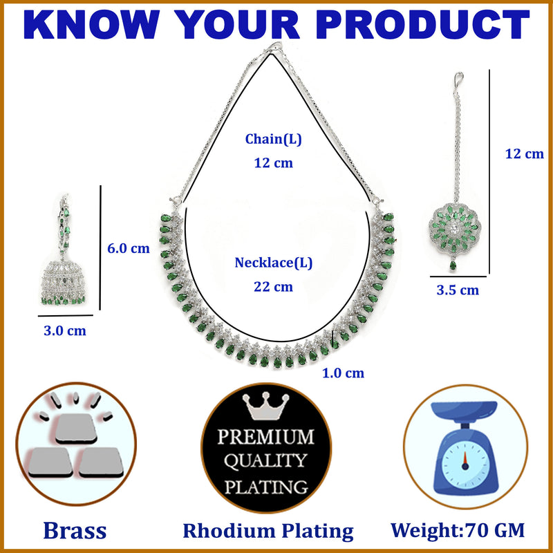 Rhodium-Plated with Silver-Tone Green American Diamond Stone-studded Jewellery Set with Mang Tika Combo