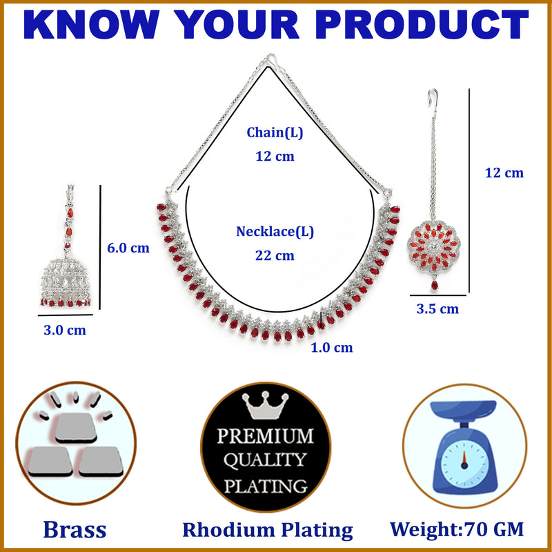 Rhodium-Plated with Silver-Tone & Red American Diamond Stone-Studded Jewellery Set Combo