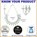 Rhodium-Plated with Silver-Toned Leaf Design Sea Green and White American Diamond Studded Jewellery Set