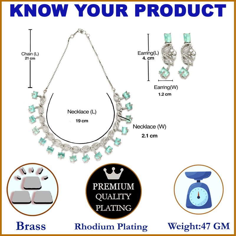 Rhodium-Plated with Silver-Toned Leaf Design Sea Green and White American Diamond Studded Jewellery Set