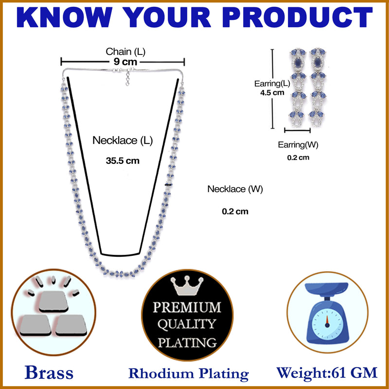 Rhodium-Plated Silver Toned Leaf Navy Blue American Diamond Studded Long Necklace with Drop Earrings Jewellery Set