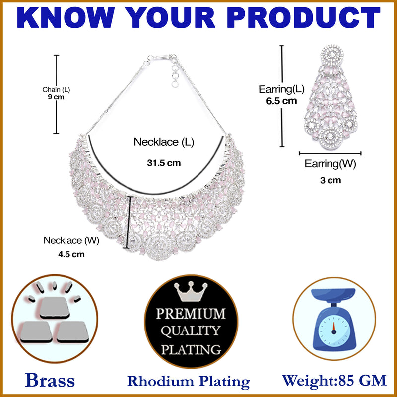 Rhodium-Plated Silver Toned Pink American Diamond Choker Necklace with Earrings Jewellery Set