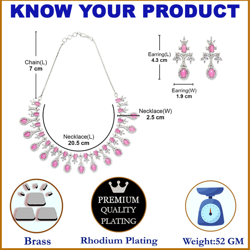 Rhodium-Plated Pink American Diamond Studded Designer Necklace & Earrings Jewellery Set