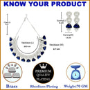 Rhodium-Plated with Silver-Toned Navy Blue and White American Diamond Studded Choker Necklace and Drop Earrings Jewellery Set