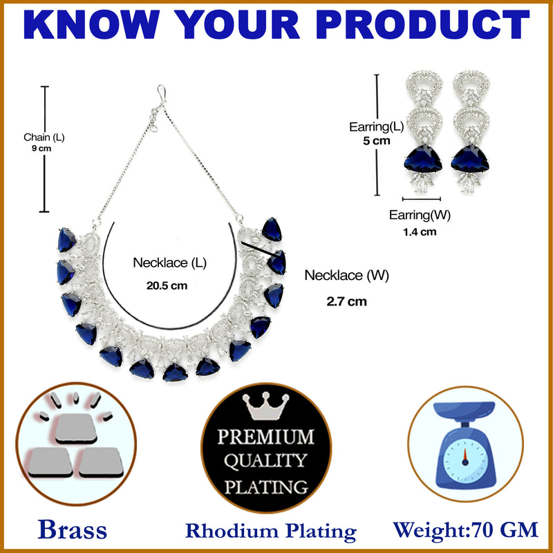 Rhodium-Plated with Silver-Toned Navy Blue and White American Diamond Studded Choker Necklace and Drop Earrings Jewellery Set