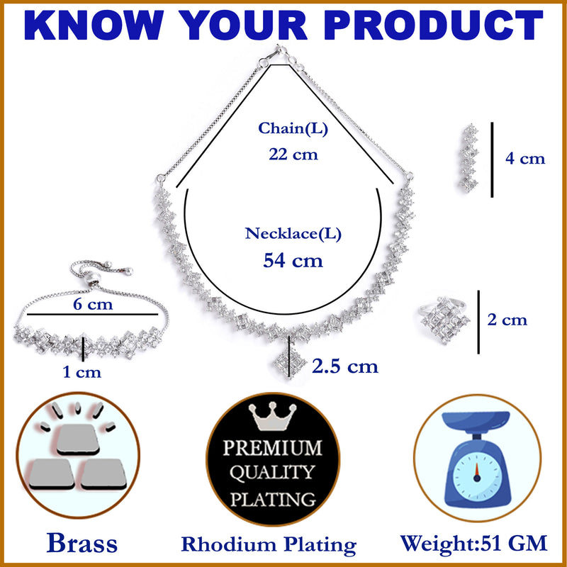 Rhodium-Plated with Silver-Toned White American Diamond Studded Jewellery Set Combo