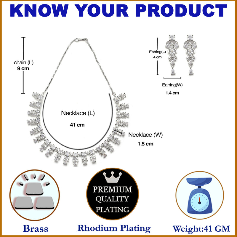 Rhodium-Plated Silver Toned Leaf White American Diamond Studded Necklace with Earrings Jewellery Set