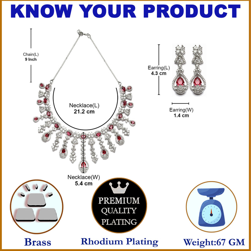 Rhodium-Plated Red American Diamond Studded Teardrop Tasselled Necklace & Earrings Jewellery Set