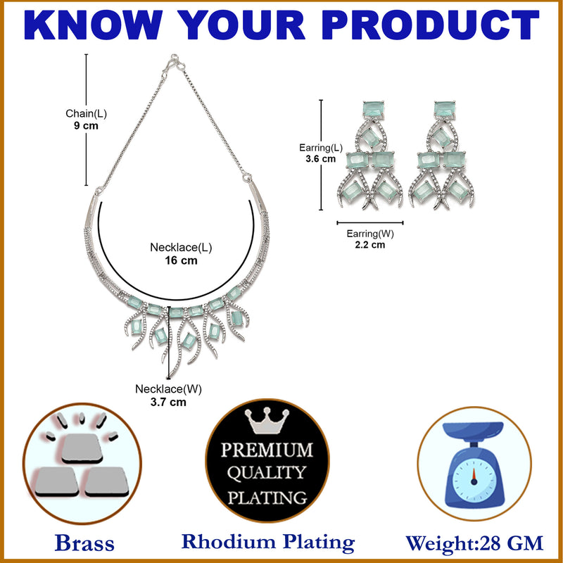 Rhodium-Plated Sea Green American Diamond Studded Contemporary Necklace with Earrings Jewellery Set