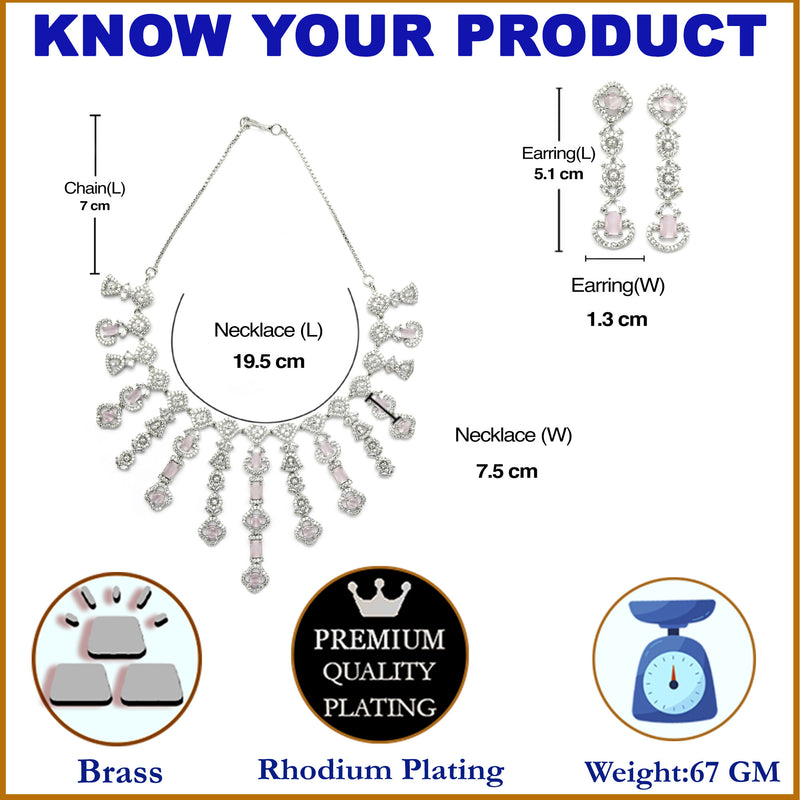 Rhodium-Plated Pink American Diamond Studded Floral Tasselled Necklace & Earrings Jewellery Set