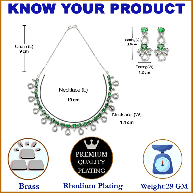 Rhodium-Plated Silver Toned Green American Diamond Studded Necklace with Earrings Jewellery set