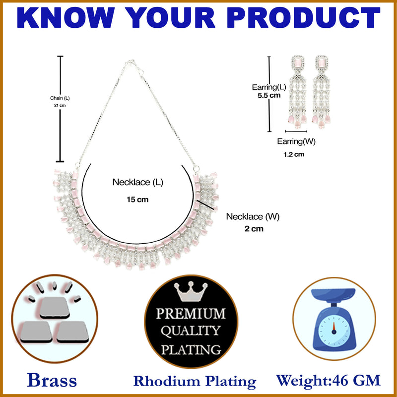 Rhodium-Plated with Silver-Tone Pink & White American Diamond Studded Jewellery Set