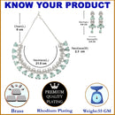 Rhodium-Plated Sea Green American Diamond Studded Teardrop & Crescent Shaped Necklace with Earrings Jewellery Set
