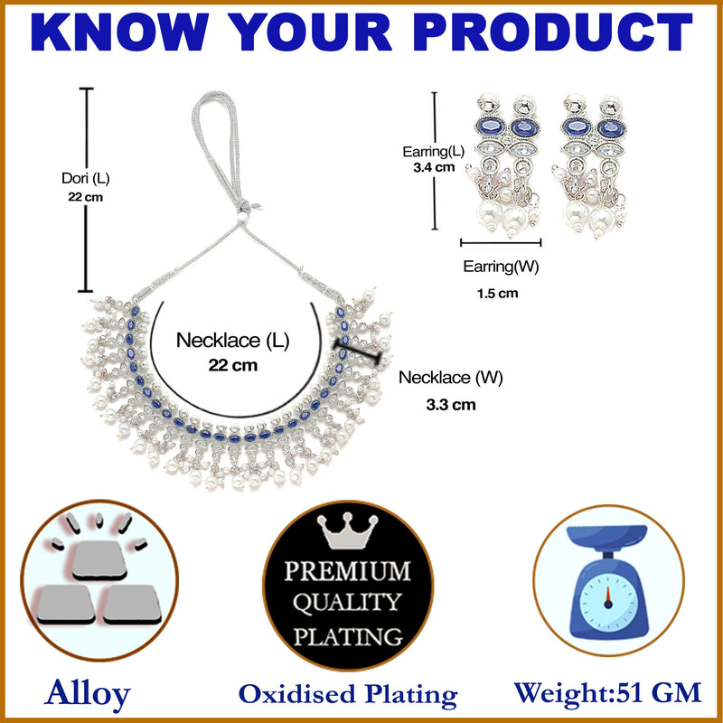 Oxidised Silver-Plated Navy Blue American Diamond & White Pearl Studded Necklace Earrings Jewellery Set