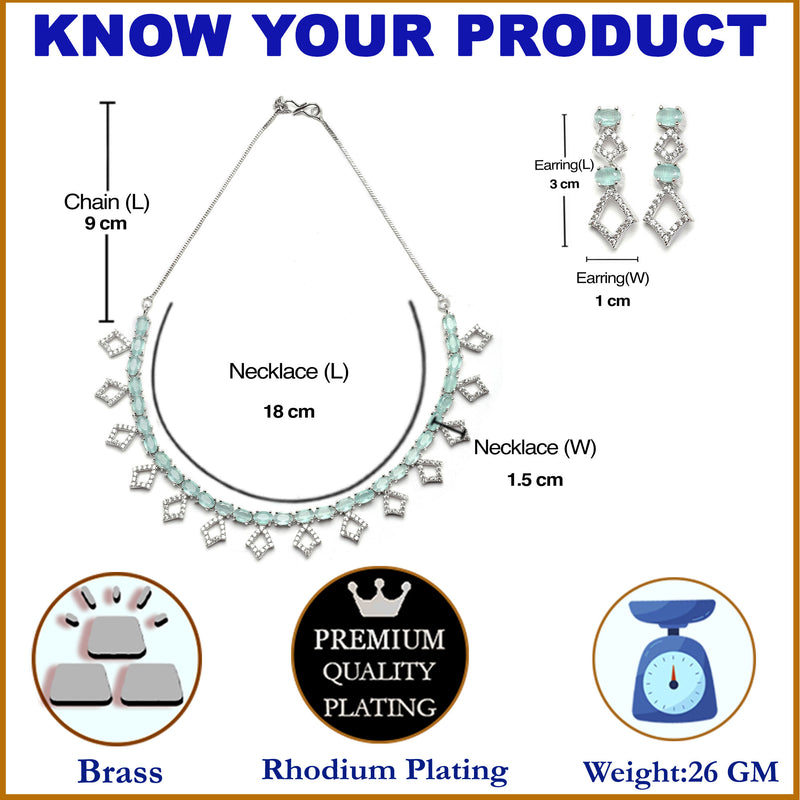 Rhodium-Plated Silver Toned Rectangle Sea Green American Diamond Studded Necklace Earrings Jewellery Set