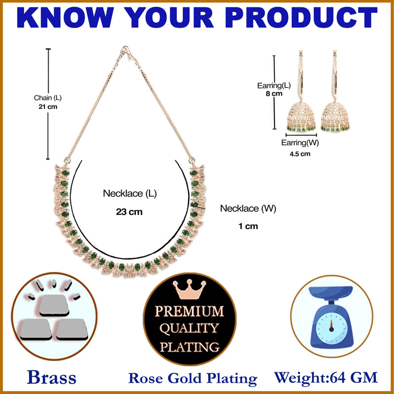 Rose Gold-Plated White & Green American Diamond Studded Jewellery Set
