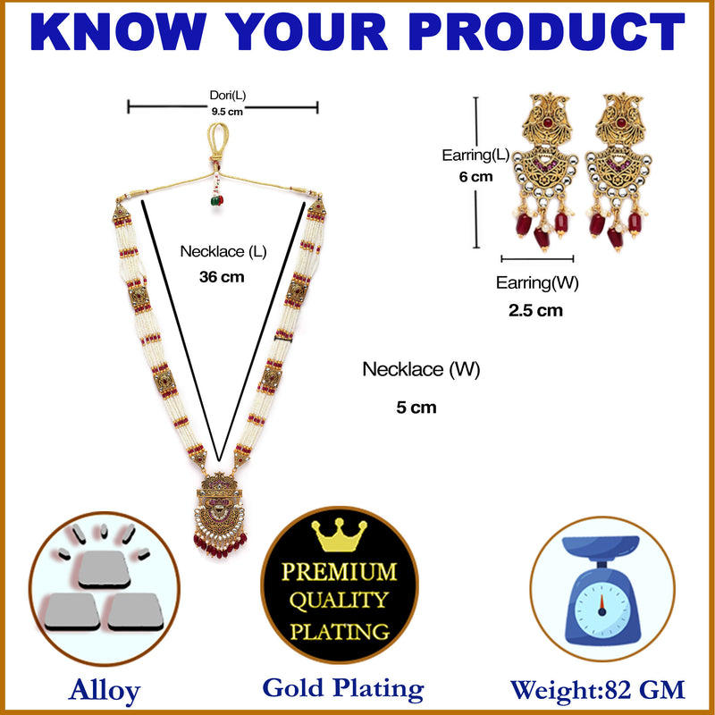 Gold-Plated Artifical Stones Studded & Beaded Intricate Long Necklace with Earrings Jewellery Set