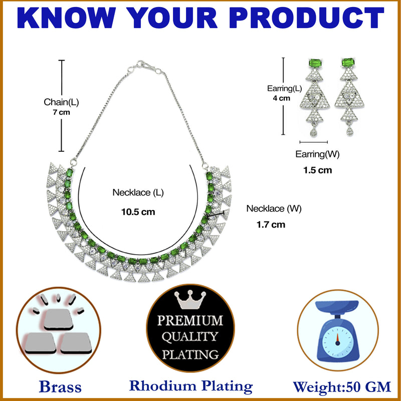 Rhodium-Plated Green American Diamond Studded Triangular Design Necklace & Earrings Jewellery Set