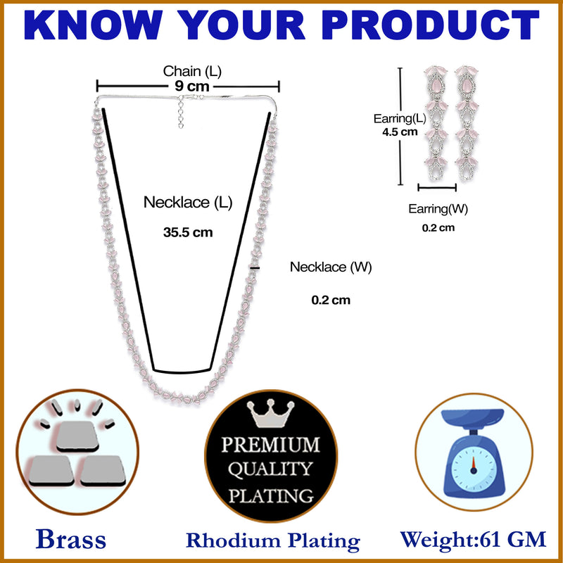 Rhodium-Plated Silver Toned Leaf Pink American Diamond Studded Long Necklace with Drop Earrings Jewellery Set