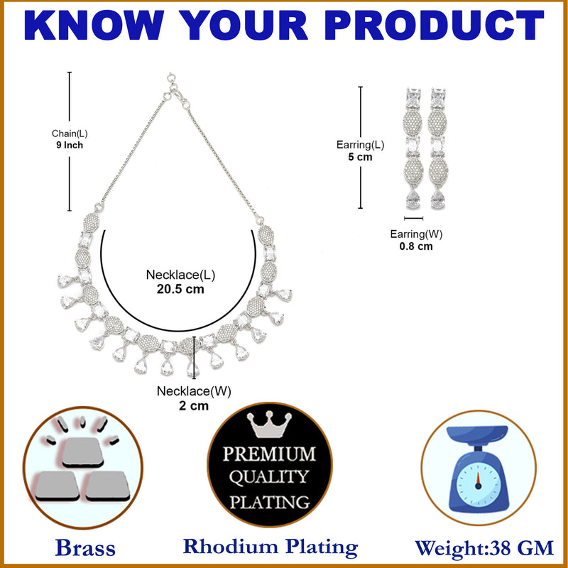 Rhodium-Plated White American Diamond Studded Intriguing Necklace & Earrings Jewellery Set