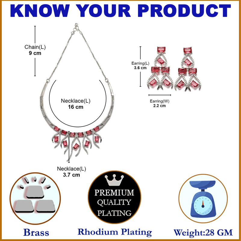 Rhodium-Plated Red American Diamond Studded Contemporary Necklace with Earrings Jewellery Set