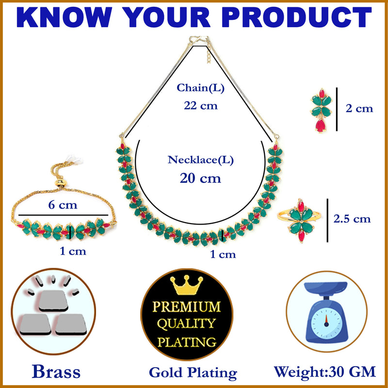 Sea Green & Red Flower Shaped Gold-Plated American Diamond Studded Jewellery Set Combo