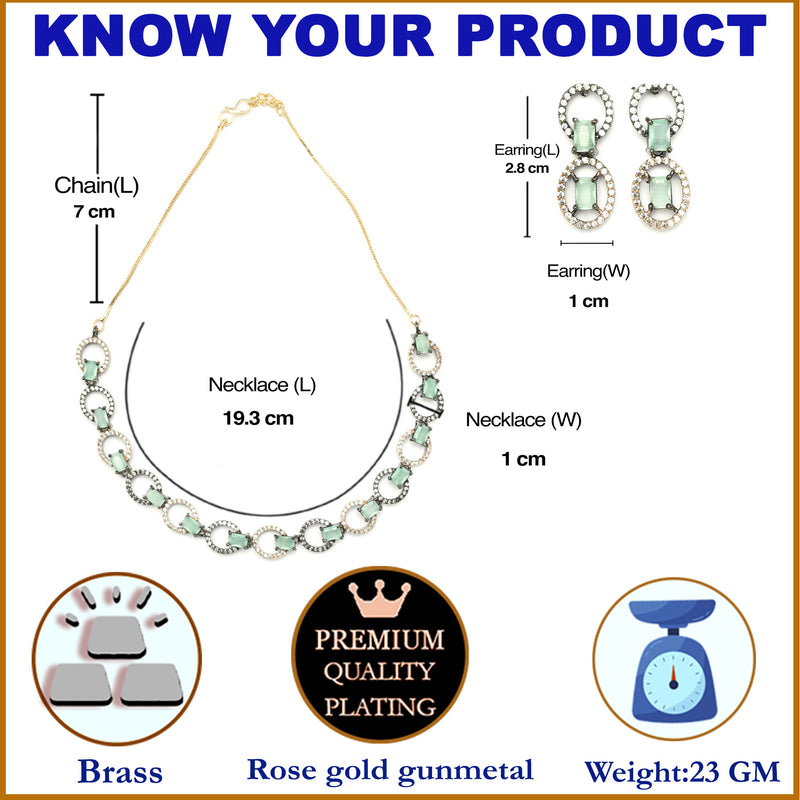 Rose Gold-Plated Gunmetal Toned Sea Green American Diamond Studded Disc-Shaped Necklace & Earrings Jewellery Set