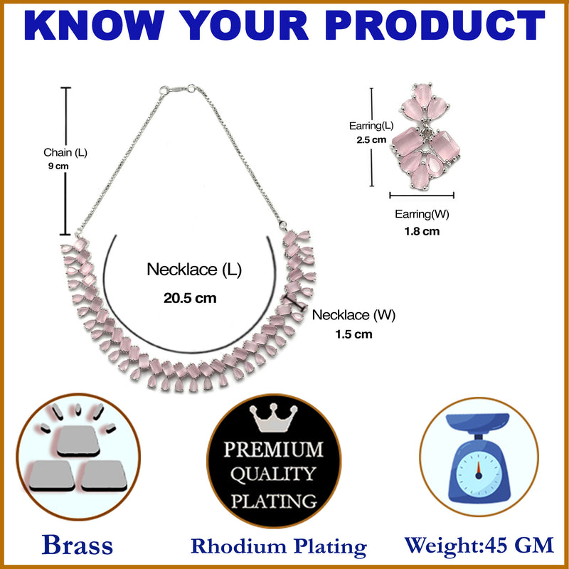 Rhodium-Plated Silver Toned Pear Pink American Diamond Studded Necklace Earrings Jewellery Set