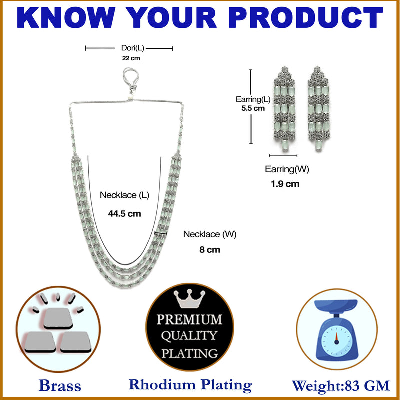 Rhodium-Plated Sea Green American Diamond Studded Layered Necklace & Earrings Jewellery Set
