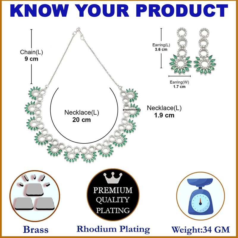 Rhodium-Plated Green American Diamond Studded Classic Necklace with Earrings Jewellery Set