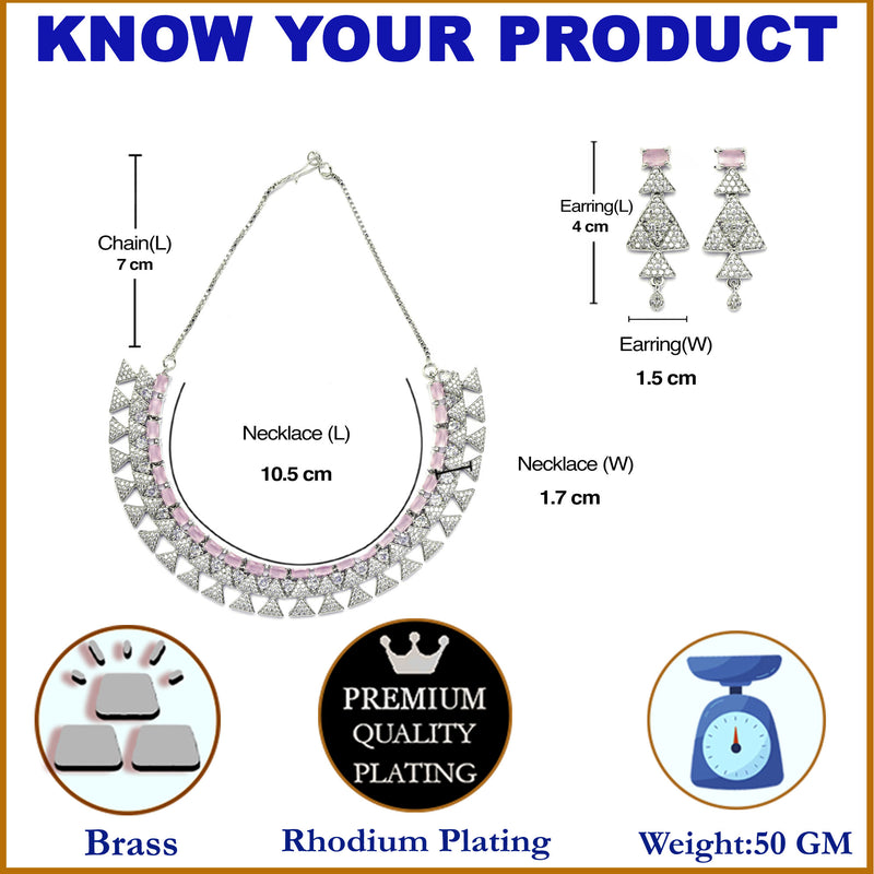 Rhodium-Plated Pink American Diamond Studded Triangular Design Necklace & Earrings Jewellery Set