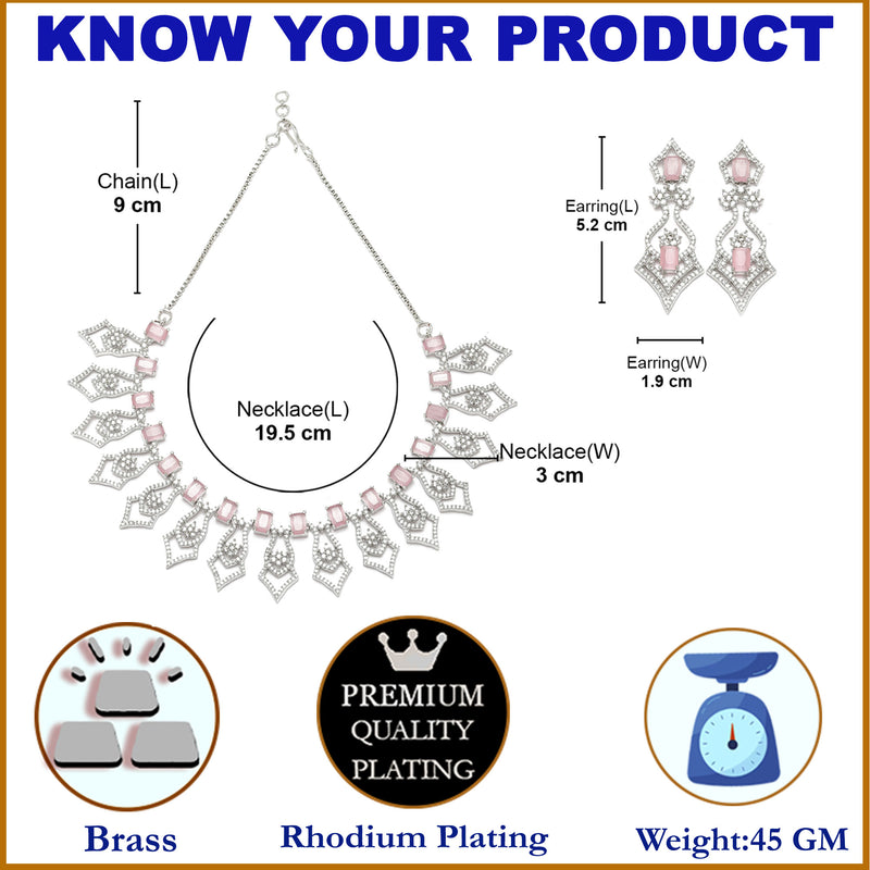 Rhodium-Plated Pink American Diamond Studded Tempted Necklace & Earrings Jewellery Set