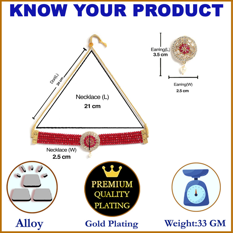 White & Red American Diamond-Studded & Beaded Gold-Plated Choker Jewellery Set