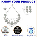 Rhodium-Plated Sea Green Cubic Zirconia Studded Floral Theme Necklace & Earrings Jewellery Set