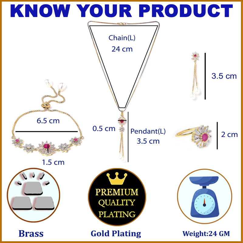 Gold-Plated Red Stone Asscher Shaped American Diamond Jewellery Set Combo