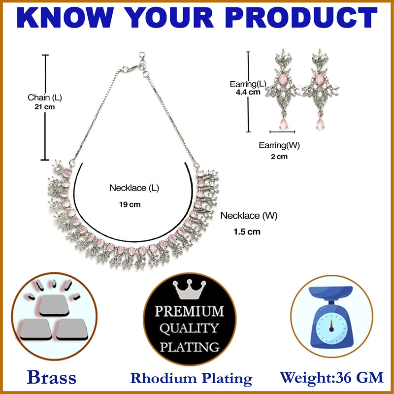 Rhodium-Plated with Silver-Toned Pink and White American Diamond Studded Embellish Statement Jewellery Set