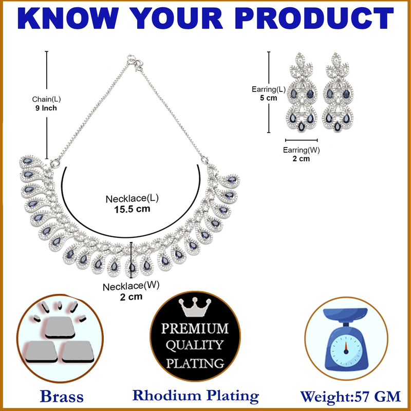 Rhodium-Plated Navy Blue American Diamond Studded Paisley Shaped Necklace & Earrings Jewellery Set