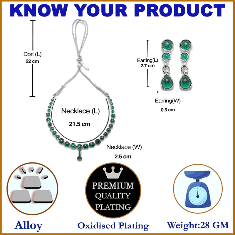 Oxidised Silver-Plated Green Round American Diamond Studded Necklace with Earrings Jewellery Set