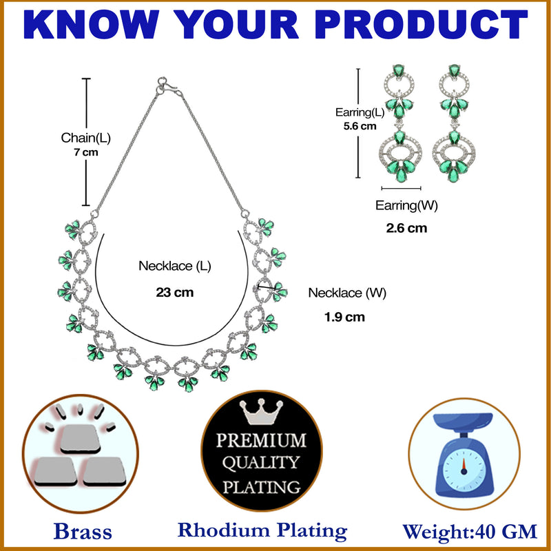 Rhodium-Plated Green Oval American Diamond Studded Circular Shaped Necklace & Earrings Jewellery Set
