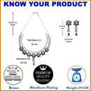 Rhodium-Plated Silver Toned Flower Navy Blue American Diamond Studded Necklace with Earrings Jewellery Set